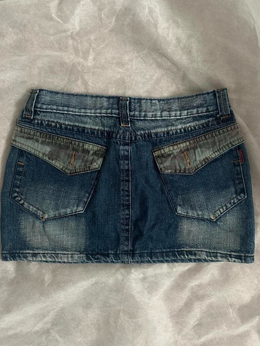 Y2K Denim Mini Skirt in Faded Blue with Camo Detailing